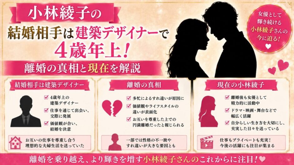小林綾子の結婚相手は建築デザイナーで4歳年上！離婚の真相と現在を解説