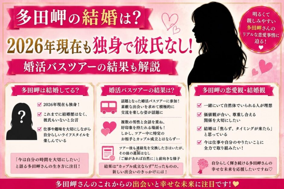 多田岬の結婚は？2026年現在も独身で彼氏なし！婚活バスツアーの結果も解説